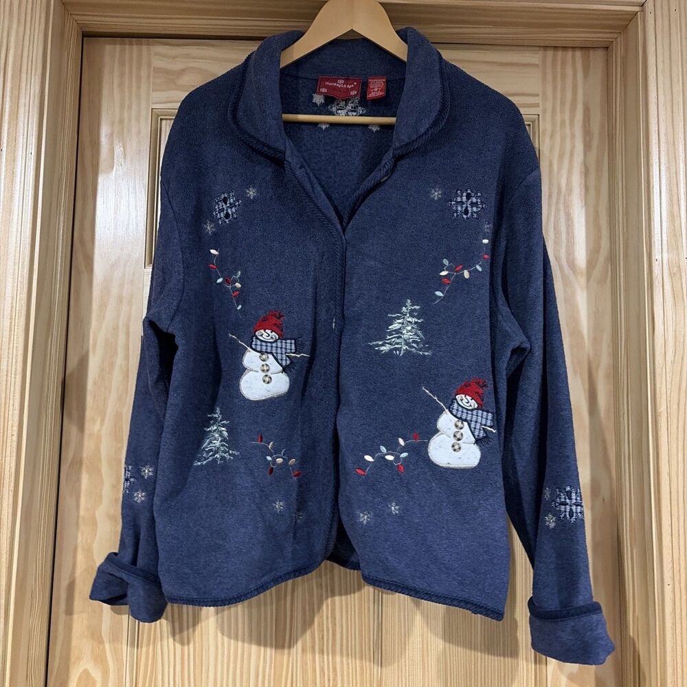 Holiday Lodge Blue Snowman Fleece Button Up Cardigan Sweater Women's XL 18